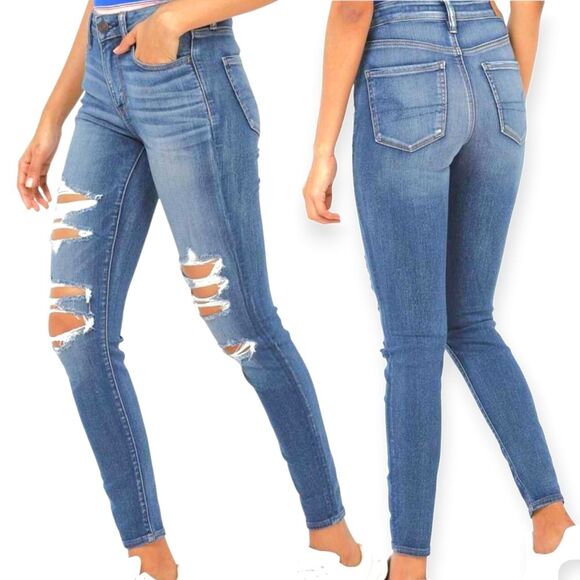 American Eagle Women's Hi-Rise Jeans Denim Blue Skinny Distressed Size 6 Small - Picture 15 of 16